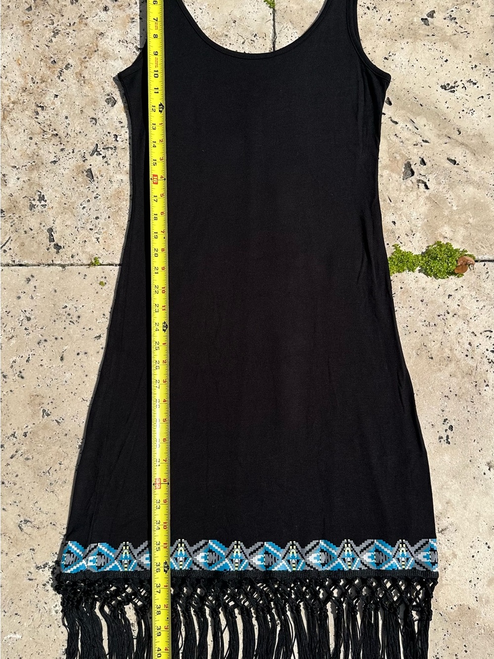VOLCOM Black Tank Style dress with aqua+ trim & Fringed bottom SLEEK & Modern